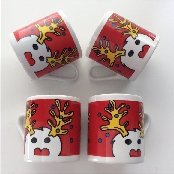 Vintage NEW Espresso Christmas Reindeer Coffee Cups SET OF 4 Whimsical Holiday - Picture 1 of 8
